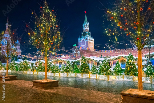 Russia.Moscow. Moscow Kremlin in the winter.New Year's Eve on Red Square.The collection of St. Basil. Christmas celebrations in Russia.Clock on the Kremlin.Moscow in the New Year illumination