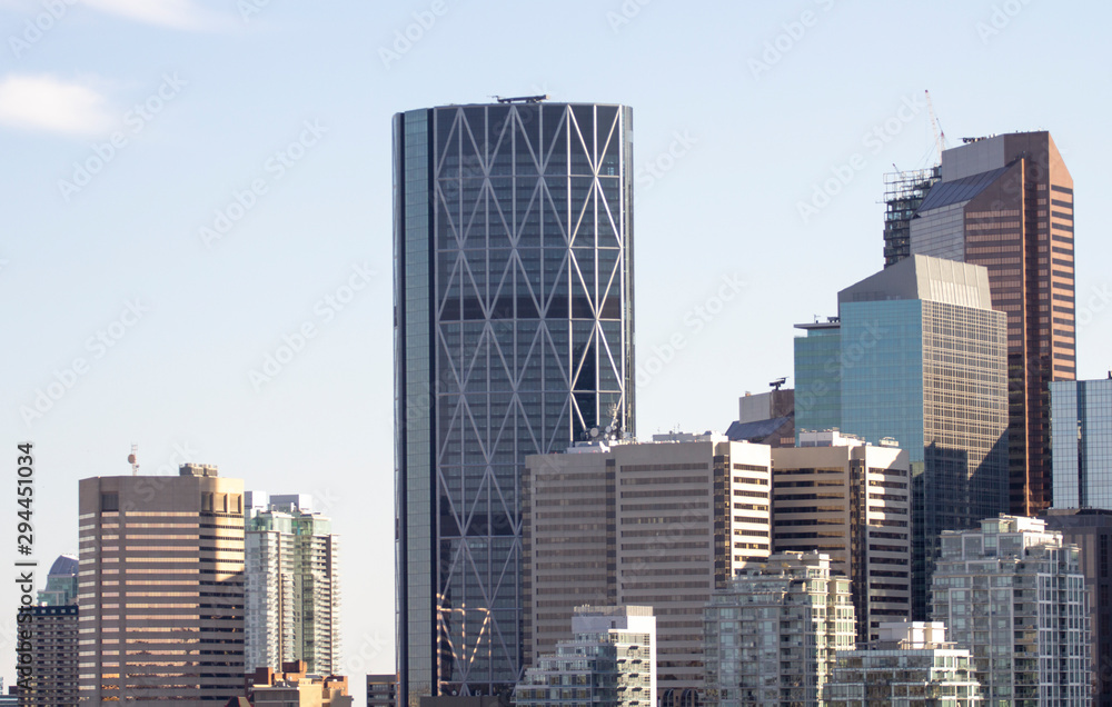 Calgary city skyscrapers and the Bow building, close up of modern glass architecture