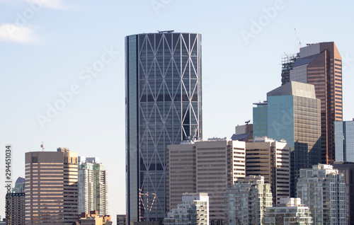 Calgary city skyscrapers and the Bow building, close up of modern glass architecture