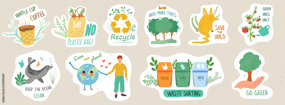 Set of ecology stickers with slogans. Bundle of decorative design elements. Flat cartoon vector illustration Set of ecology stickers with slogans. Bundle of decorative design elements. Flat cartoon vector illustration