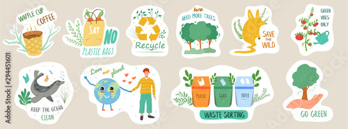 Set of ecology stickers with slogans. Bundle of decorative design elements. Flat cartoon vector illustration