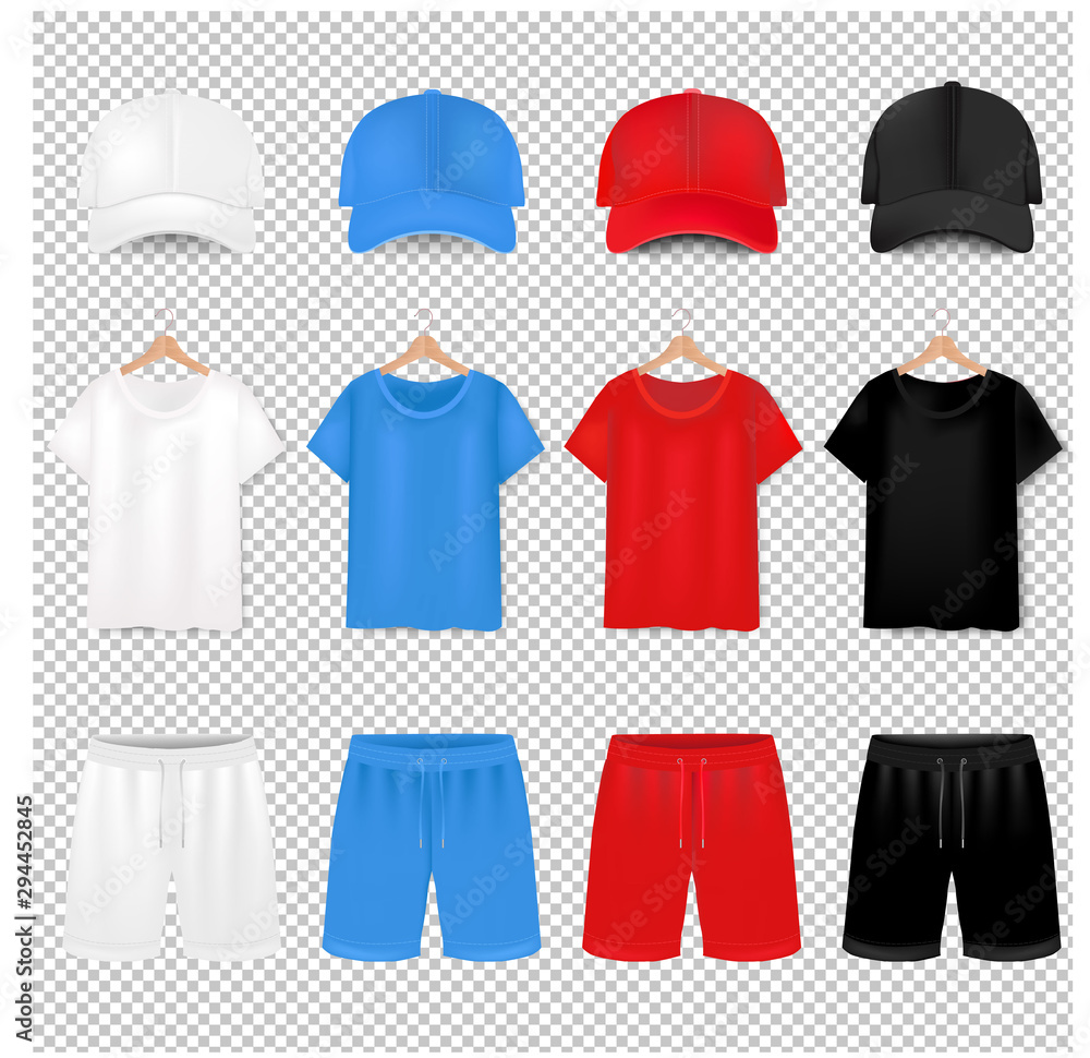 Front Views Of T-shirt And Baseball Cap And Short On transparent Background. Front Views Of T-shirt And Baseball Cap And Short On transparent Background.