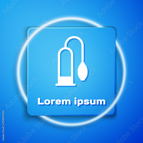 White Penis pump icon isolated on blue background. Penis enlarger. Sex toy for men. Vacuum pump with a blower to increase the penis. Blue square button. Vector Illustration