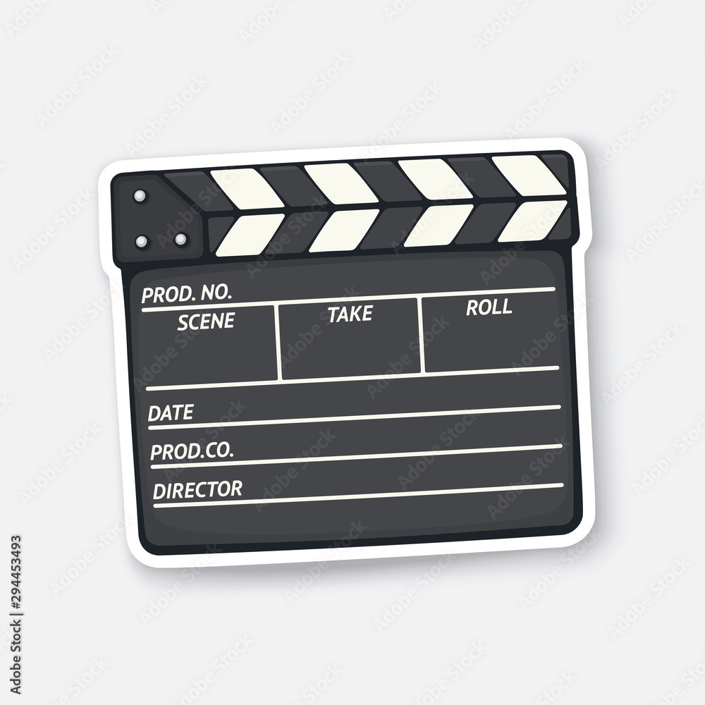 Vector illustration. Closed clapperboard used in cinema when shooting a film. Movie industry. Sticker with contour. Black clapper board. Isolated on white background