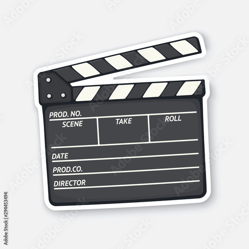 Vector illustration. Open clapperboard used in cinema when shooting a film. Movie industry. Sticker with contour. Black clapper board. Isolated on white background