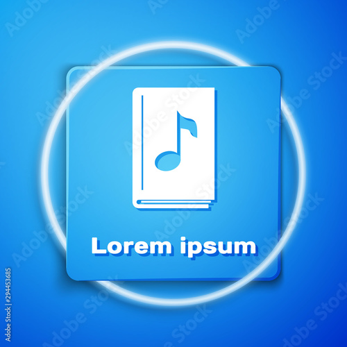 White Audio book icon isolated on blue background. Musical note with book. Audio guide sign. Online learning concept. Blue square button. Vector Illustration