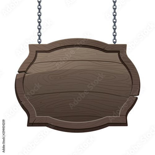 old wooden signboard on the metal chains