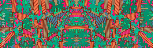 Fantastic abstract cyberpunk psychedelic background. Colorful surreal maze of ornaments. Vector hand drawn illustration