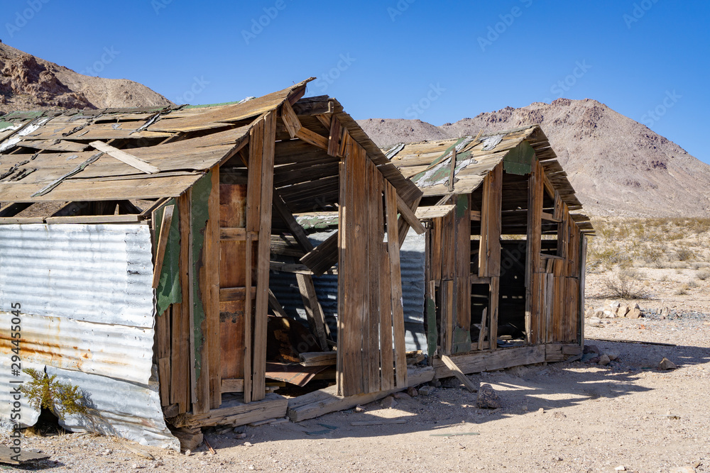 Abandoned sheds at Ghost town Rhyolite near Beatty at Hwy 374, Nevada, USA Abandoned sheds at Ghost town Rhyolite near Beatty at Hwy 374, Nevada, USA