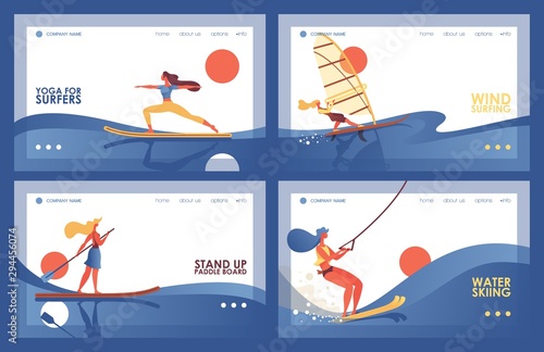 Vector set with four various banners or landing page templates with blue waves and sport women doing board exercises like surfers yoga, water skiing tour, stand up paddle boarding, windsurfing photo