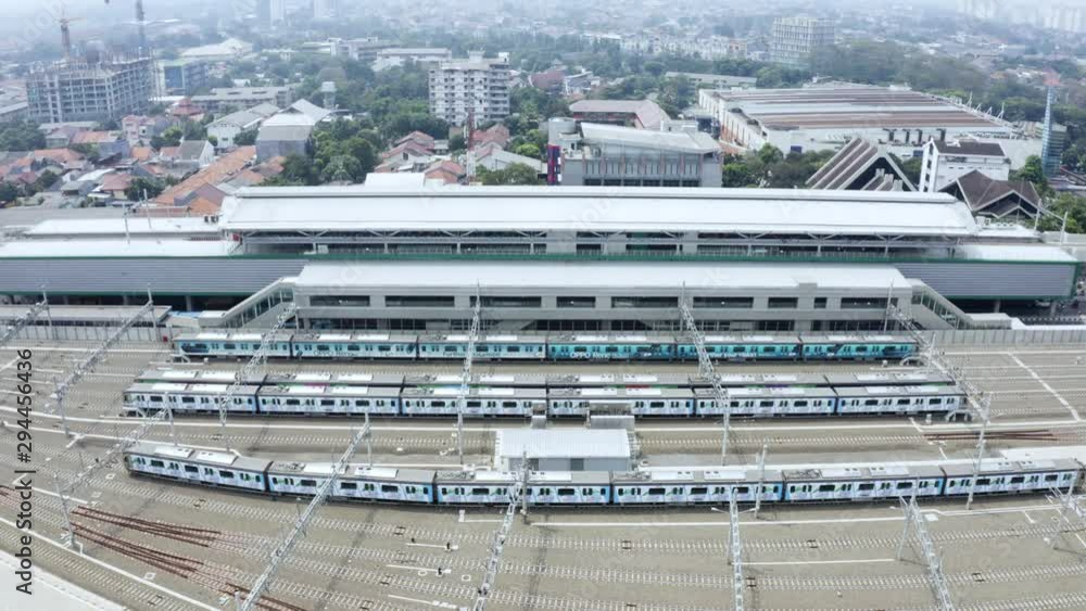 JAKARTA, Indonesia - October 03, 2019: Aerial landscape of Jakarta MRT at Lebak Bulus Depot. It is a rapid transit system in Jakarta. Shot in 4k resolution from a drone flying from right to left JAKARTA, Indonesia - October 03, 2019: Aerial landscape of Jakarta MRT at Lebak Bulus Depot. It is a rapid transit system in Jakarta. Shot in 4k resolution from a drone flying from right to left