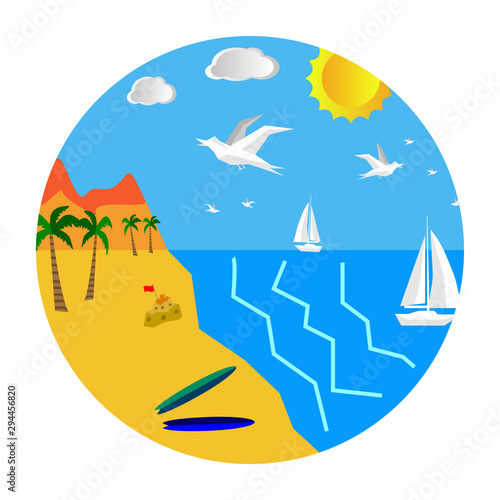 Sunny beach Travel wanderlust colorful cartoon landscape background, with perspective road, mountain, sun and clouds. Choose destination on the world and go. Graphic vector illustration