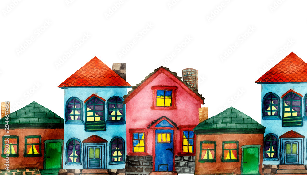 Watercolor hand painted town composition with five different houses: brown with green roof, blue with red roof and pink house on the white background with the space for text for postcards