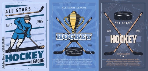 Ice hockey sticks, pucks, trophy, player on rink