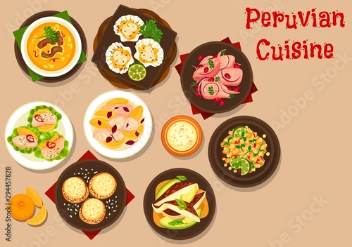 Peruvian fish ceviche, meat soup, vegetable salad