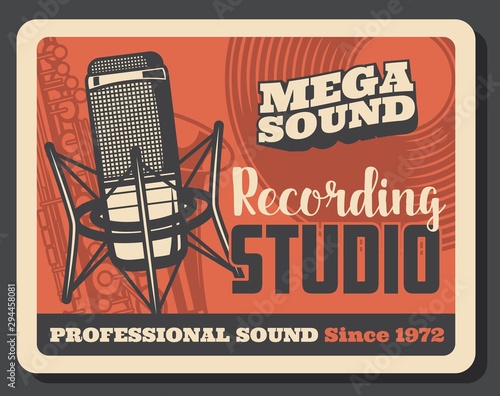 Music studio microphone, vinyl record, saxophone