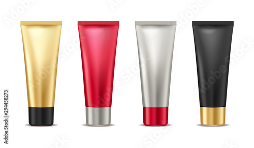 Blank mock up gold, red, silver and black tube for cosmetic product set isolated on white background, package container for cream, lotion, toothpaste, vector