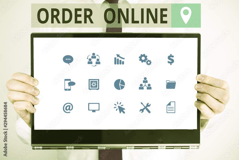 Word writing text Order Online. Business photo showcasing activity of buying products or services over the Internet Male human holding thick textured cardboard of business promotion concept Word writing text Order Online. Business photo showcasing activity of buying products or services over the Internet Male human holding thick textured cardboard of business promotion concept