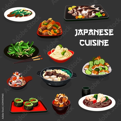 Japanese sushi, vegetable salads with meat, fish