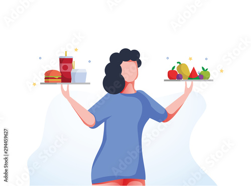 Healthy and Unhealthy Lifestyle Infographics. Girl with healthy and unhealthy Food, Fitness, Diet. What Your Choice