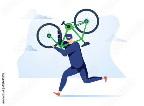 Criminal stealing bicycle vector illustration. Caucasian man in black hoodie cartoon character. Bike theft, law break