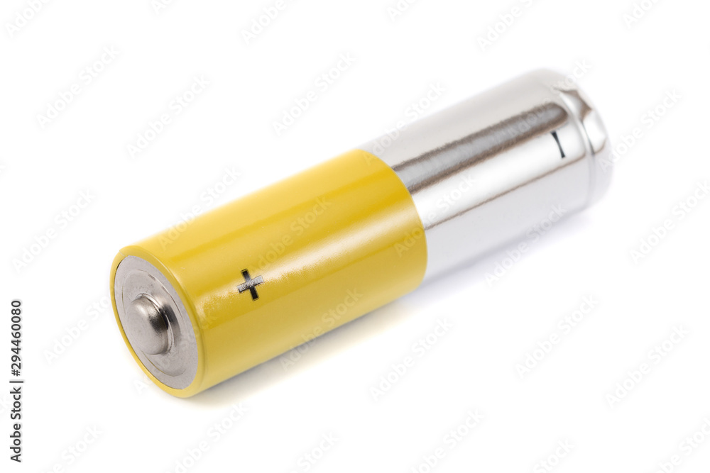 alkaline batteries and a yellow metal AA-size batteries isolated on white background closeup, carbon zinc batteries, rechargeable batteries, mockup
