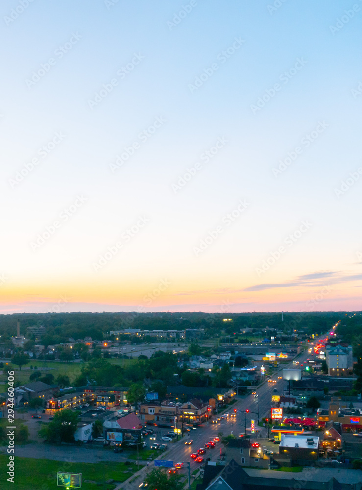 The aerial view of Niagara City in Canada at sun set