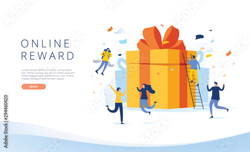 online reward , Group of happy people receive a gift box vector illustration concept, referral program landing page photo