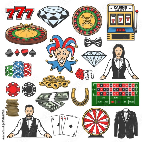 Gambling game icons, casino roulette, chips, dice