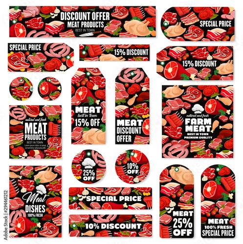 Meat sale tags with sausage, ham, salami, bacon