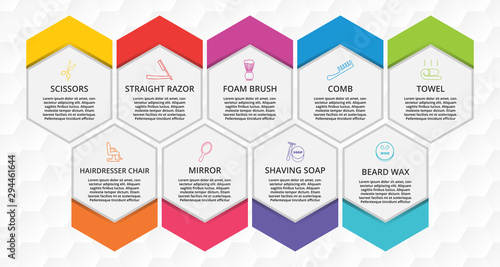 Barber Shop Infographics vector design. Timeline concept include scissors, straight razor, foam brush icons. Can be used for report, presentation, diagram, web design