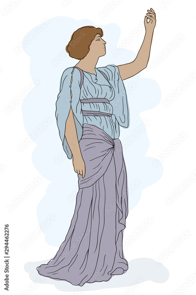 An ancient Greek woman in a tunic stands and raised her hand to the top. Vector image isolated on white background.