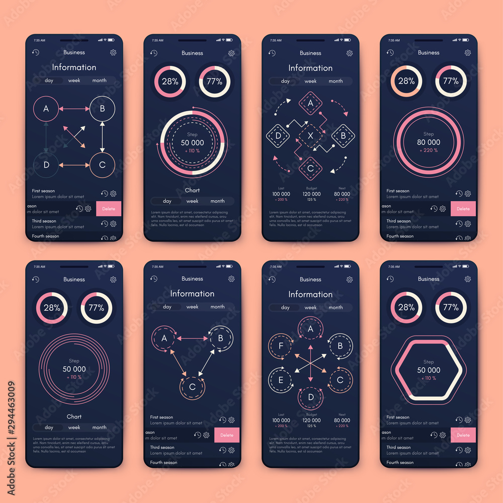 Different UI, UX, GUI screens and flat web icons for mobile apps