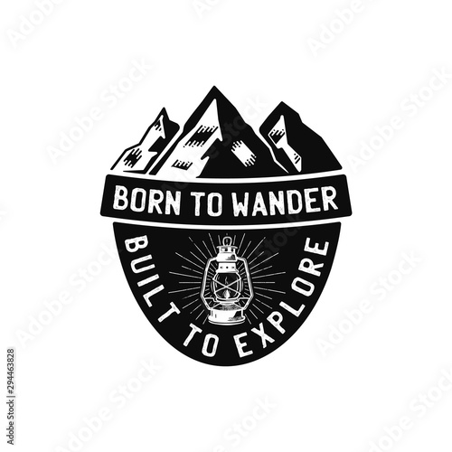 Vintage camp logo, mountain badge. Hand drawn travel expedition, wanderlust label design. Born to Wander Built to Explore. Outdoor hiking emblems. Logotypes collection. Stock vector isolated.