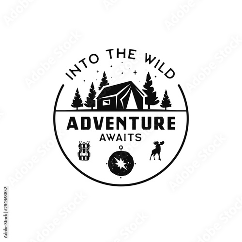 Vintage camp logo, mountain badge. Hand drawn travel expedition, wanderlust label design. Into the wild Adventure awaits. Outdoor hiking emblems. Logotypes collection. Stock vector isolated.