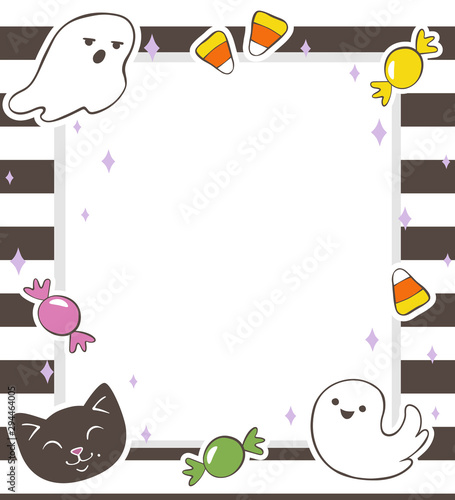 Colorful cartoon horizontal striped Halloween frame with cat, funny ghosts and candies.