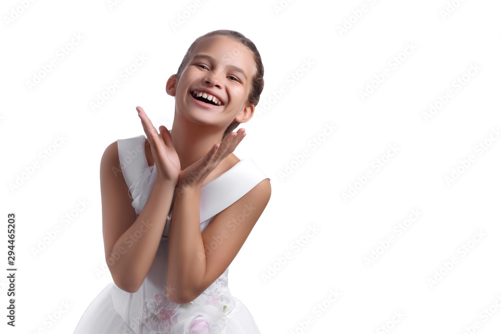 Cute pretty european little girl in white dress cheerfully laughing with empty space for text isolated on white background Cute pretty european little girl in white dress cheerfully laughing with empty space for text isolated on white background