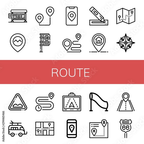 Set of route icons such as Bus stop, Gps, Route, Destination, Marker, Navigator, Uneven, Caravan, Distance, Tunnel, Itinerary, Road, Road sign , route