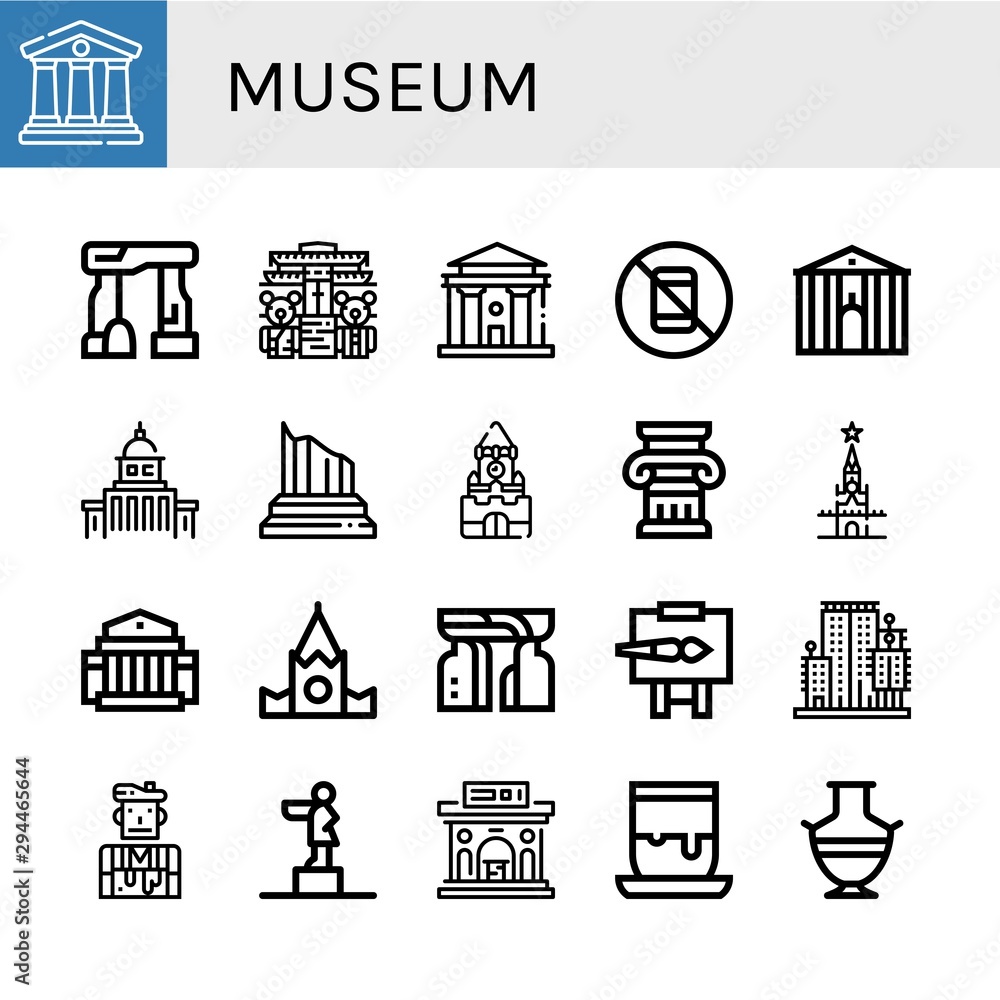 Set of museum icons such as Courthouse, Dolmen, Teddy bear museum, No pictures, Town hall, Government, Column, Kremlin, Museum, Monument, Easel, City garden tower, Artist ,