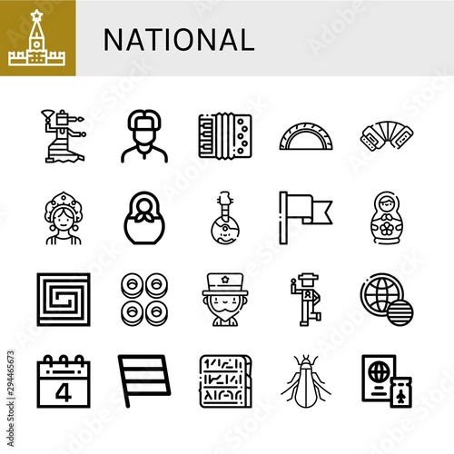 Set of national icons such as Kremlin, Flamenco, Russian, Accordion, Cheburek, Kokoshnik, Matryoshka, Domra, Flag, Matryoshka doll, Portuguese, Cracknels, Uncle sam , national