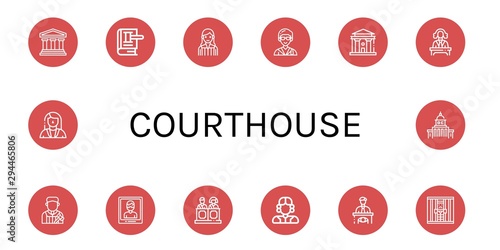 Set of courthouse icons such as Legal, Law, Judge, Lawyer, Courthouse, Arrest, Jury, Eyewitness, Jail, Government , courthouse