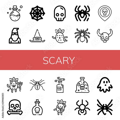 Set of scary icons such as Poison, Executioner, Spider web, Witch hat, Skull, Ghost, Spider, Tarantula, Devil, Zombie, Haunted house, Black widow , scary