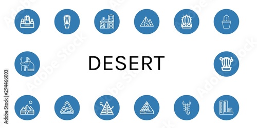 Set of desert icons such as Cactus, Military base, Pyramid, Pyramids, Hill, Scorpion, Overpopulation, Anubis , desert