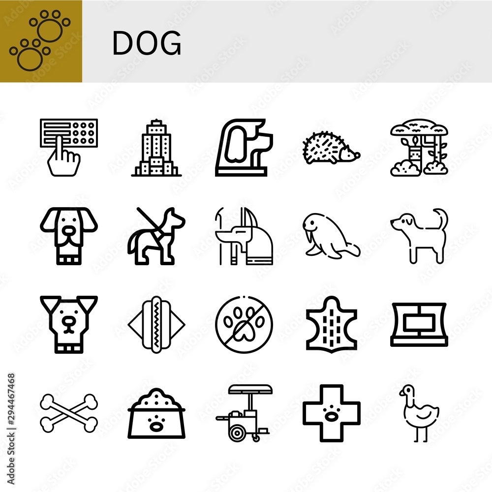 Set of dog icons such as Animal, Braille, Empire state building, Dog, Hedgehog, Camouflage, Guide dog, Anubis, Walrus, Hot No pets, Collar, Bones, food, Veterinary , Set of dog icons such as Animal, Braille, Empire state building, Dog, Hedgehog, Camouflage, Guide dog, Anubis, Walrus, Hot No pets, Collar, Bones, food, Veterinary ,