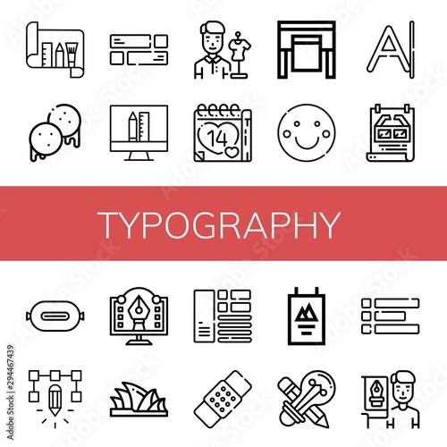 Set of typography icons such as Design, Arepas, Layout, Designer, Valentines day, Plotter, Smile, Letter, Poster, P t, Graphic design, Sydney opera house, Patch, Creative design , typography