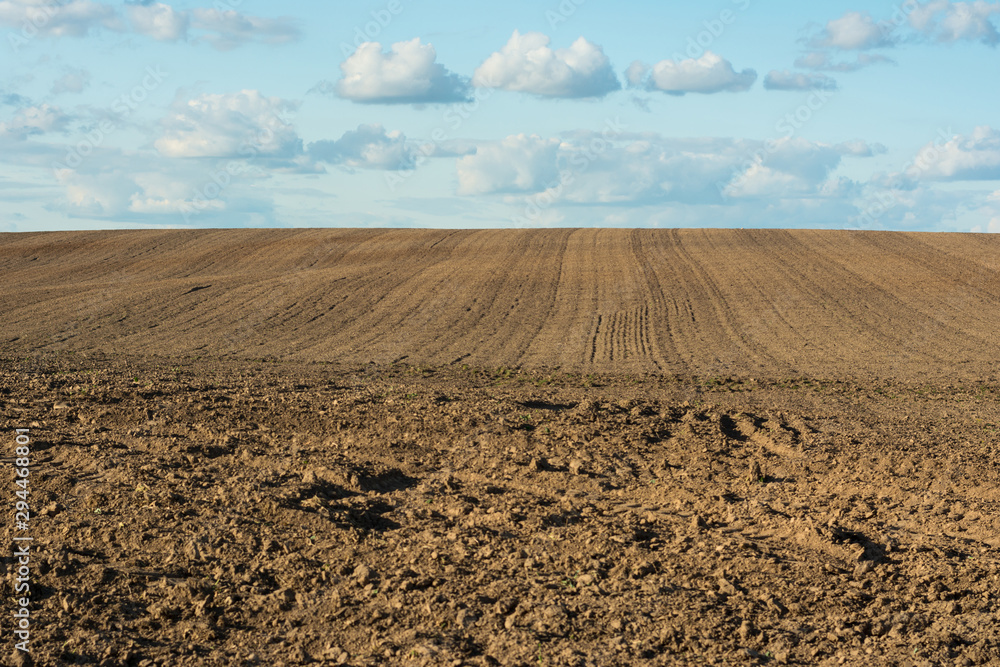 cleaned and plowed field in the fall. Beautiful blue sky with clouds. cleaned and plowed field in the fall. Beautiful blue sky with clouds.