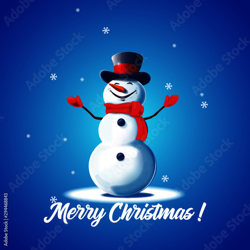 Christmas card with snowman. Snowman on a blue background. Christmas picture. Vector snowman with the words Merry Christmas.