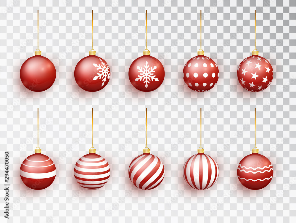 Red christmas balls on white isolated. Set of isolated realistic decorations. Christmas tree toy. Vector object for christmas design, mockup. Stocking Christmas decorations. Red christmas balls on white isolated. Set of isolated realistic decorations. Christmas tree toy. Vector object for christmas design, mockup. Stocking Christmas decorations.
