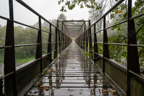Fototapeta Naklejka Na Ścianę i Meble -  Metal bridge in the rain with diminishing perspective. Steel construction.