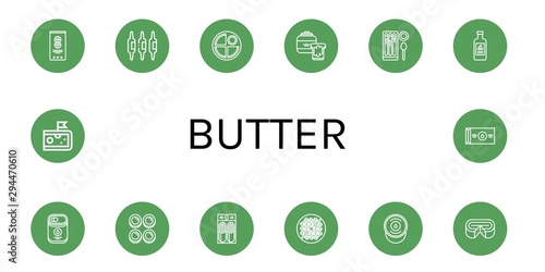 Set of butter icons such as Peanut, Calcium, Pancake, Peanut butter, Churros, Yogurt, Condensed milk, Curd, Bean toasting, Sour cream, Cheese, Butter ,
